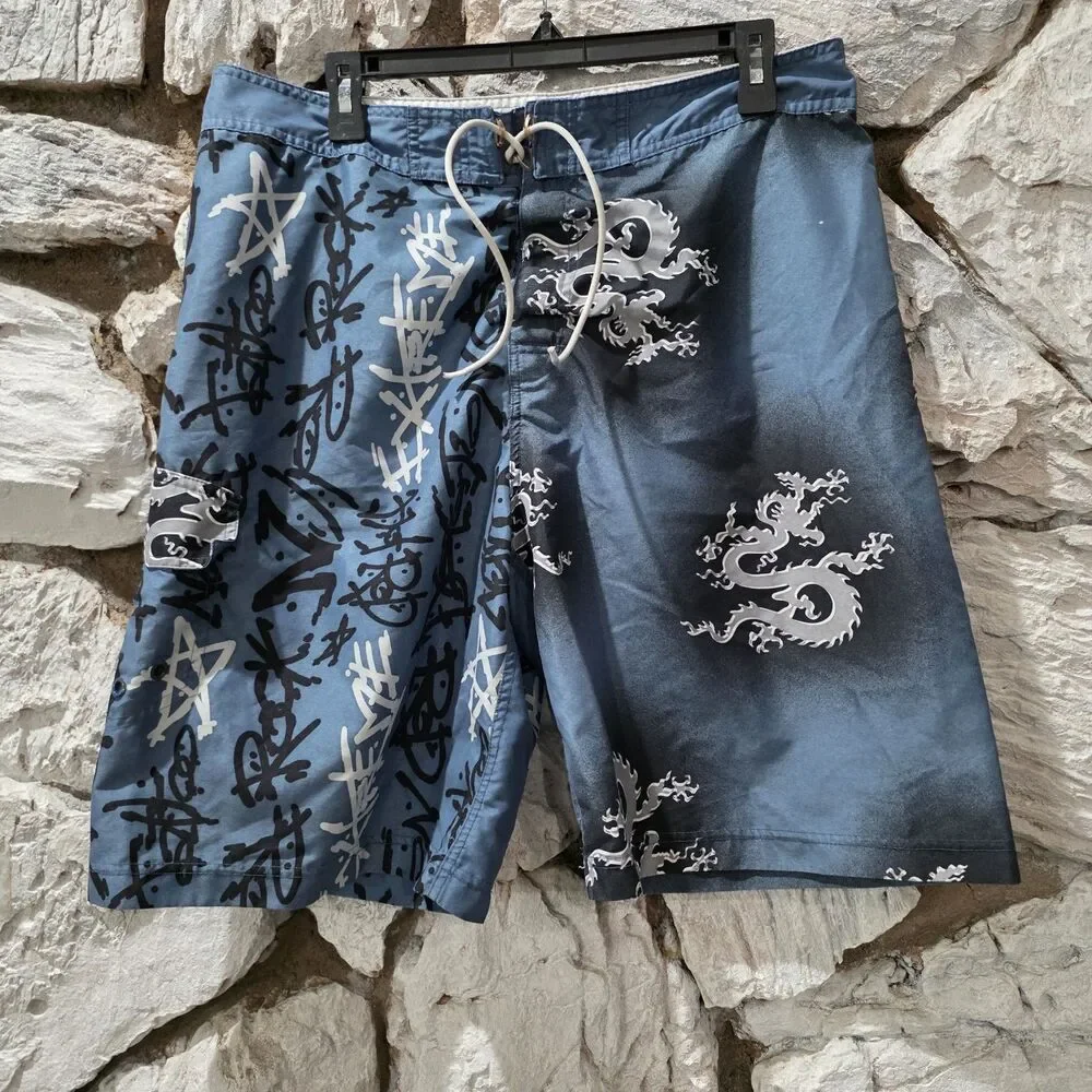 Vintage Y2K No Boundaries Dragon Blue Board Shorts Men’s 34 Swim Trunks Grunge